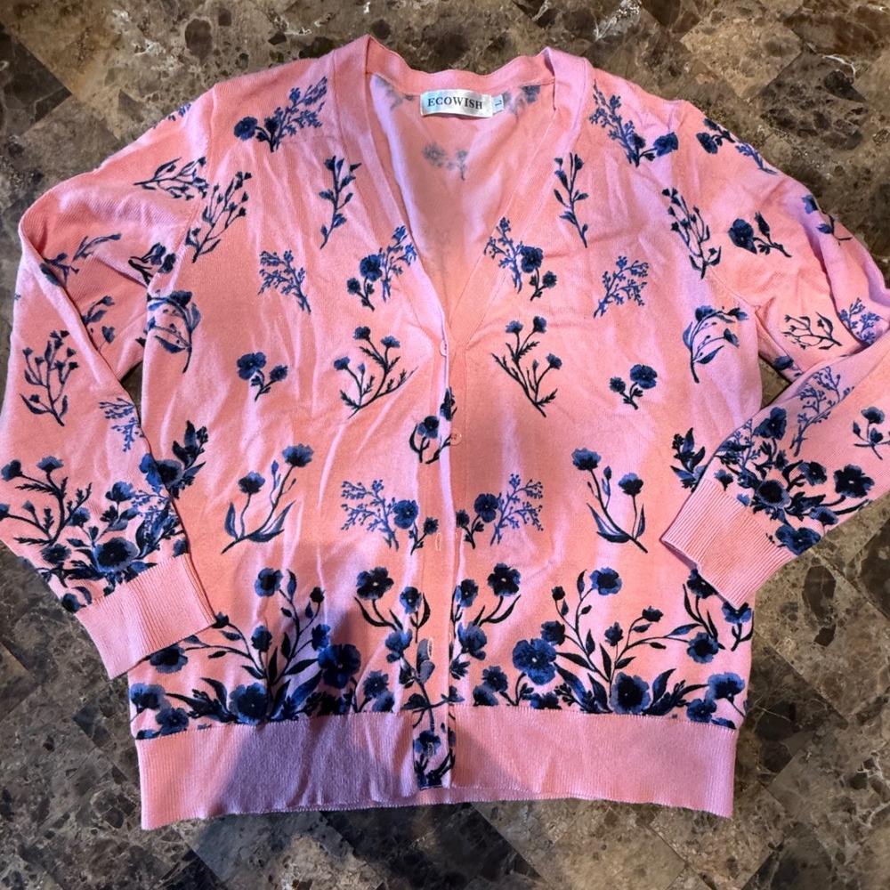 ECOWISH Pink Floral Button Front Cardigan Sweater Blue Botanical Print Size L